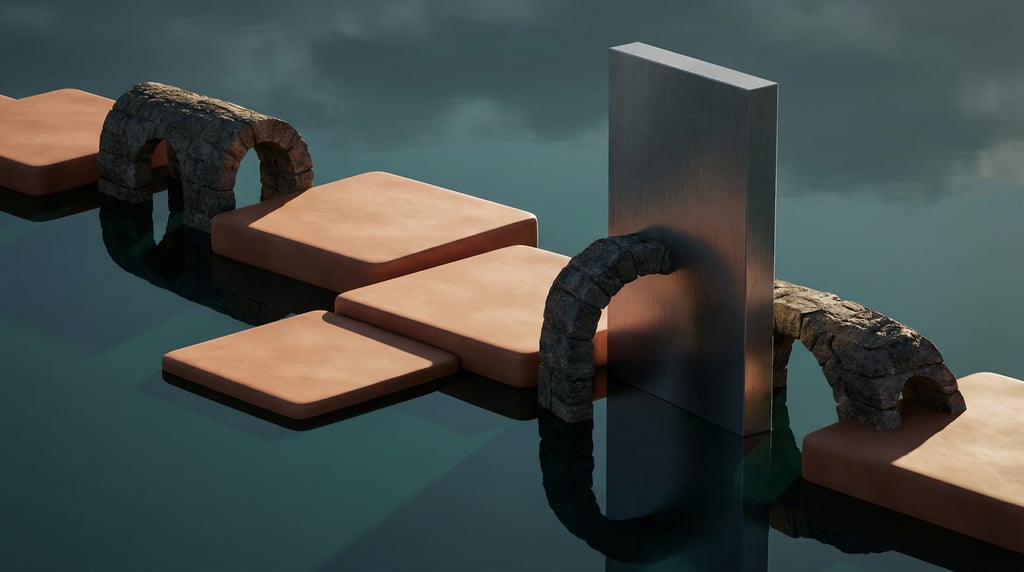 3D render of a series of interconnected smooth rendered clay platforms stepping across a still dark