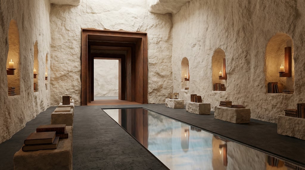 3D render of a subterranean reading room carved from cream-colored tufa stone