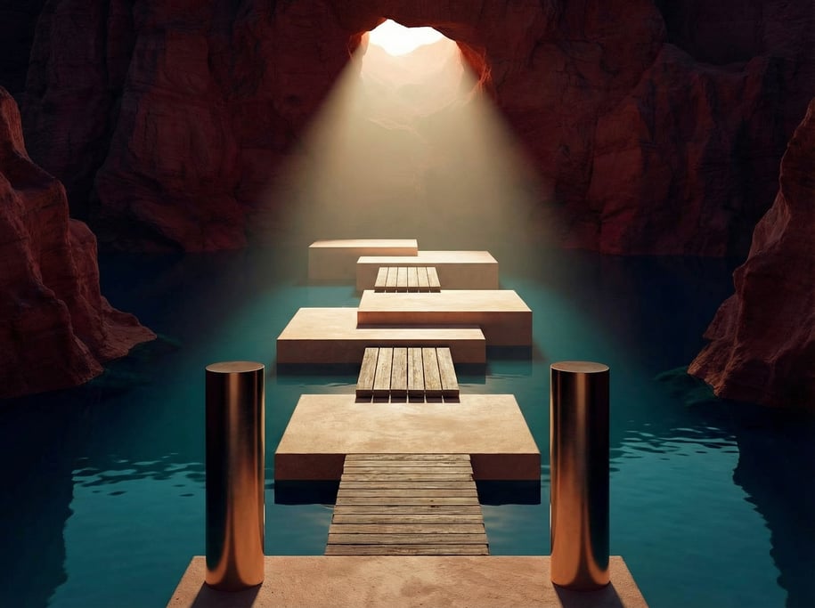 3D render of a series of interconnected lime-washed plaster platforms stepping across a still midnig