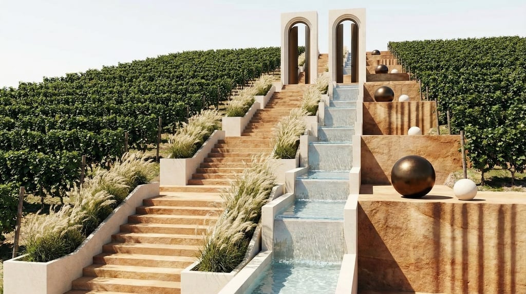 3D render of a vast terraced vineyard with wide steps of warm sandstone ascending the slope