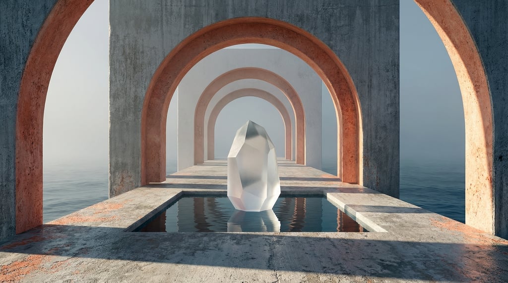 3D render of a weathered brushed concrete pier extending into a misty grey-blue sea