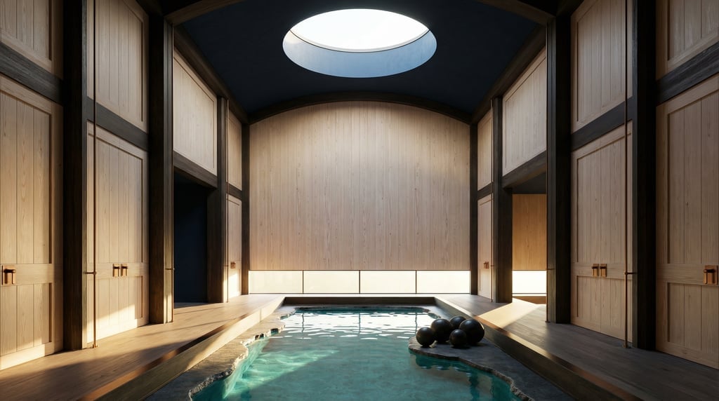 3D render of a neo-classical warehouse conversion with pale Douglas fir timber walls and a massive o