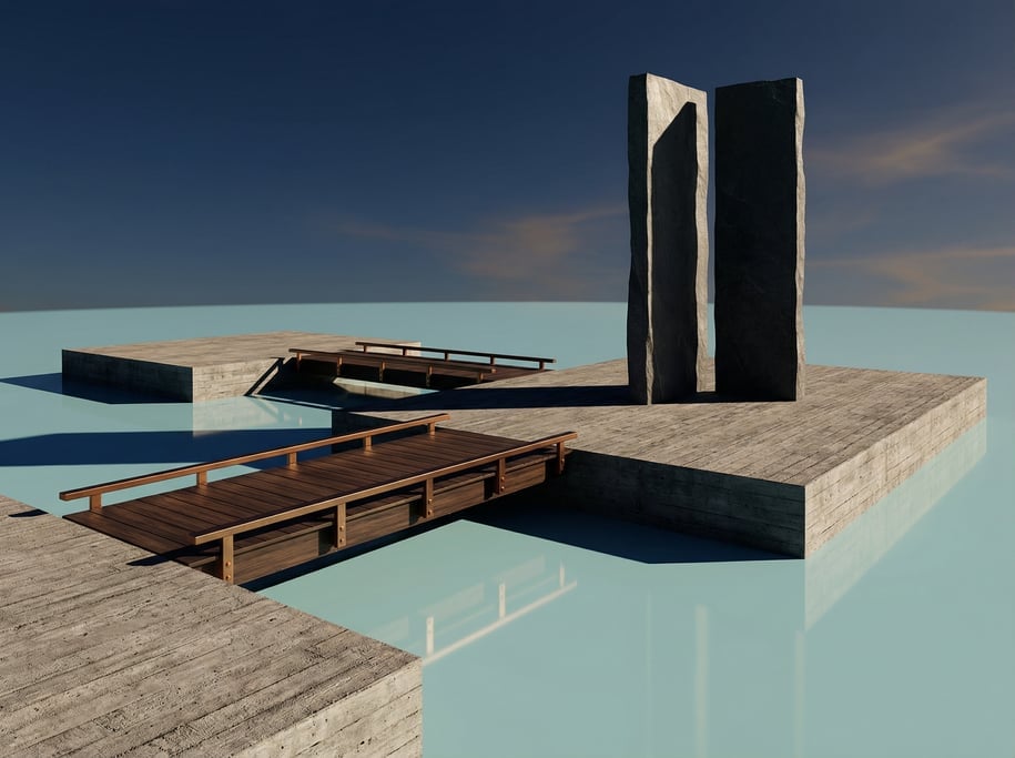 3D render of a series of interconnected raw concrete with formwork marks platforms stepping across a