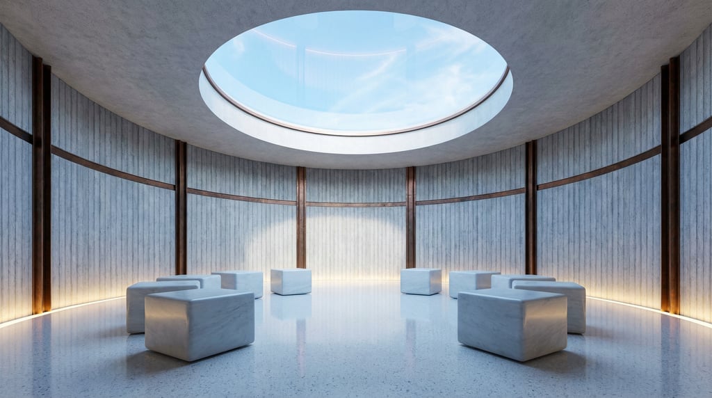 3D render of a circular sanctuary with fluted brushed concrete walls and dark patinated copper inlay