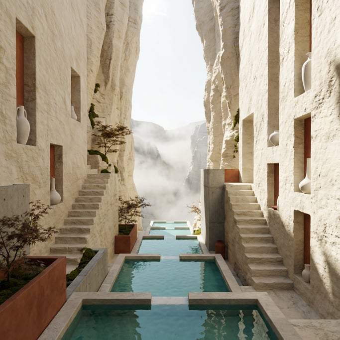 3D render of a Japanese-inspired spa carved into a cream-colored tufa stone canyon