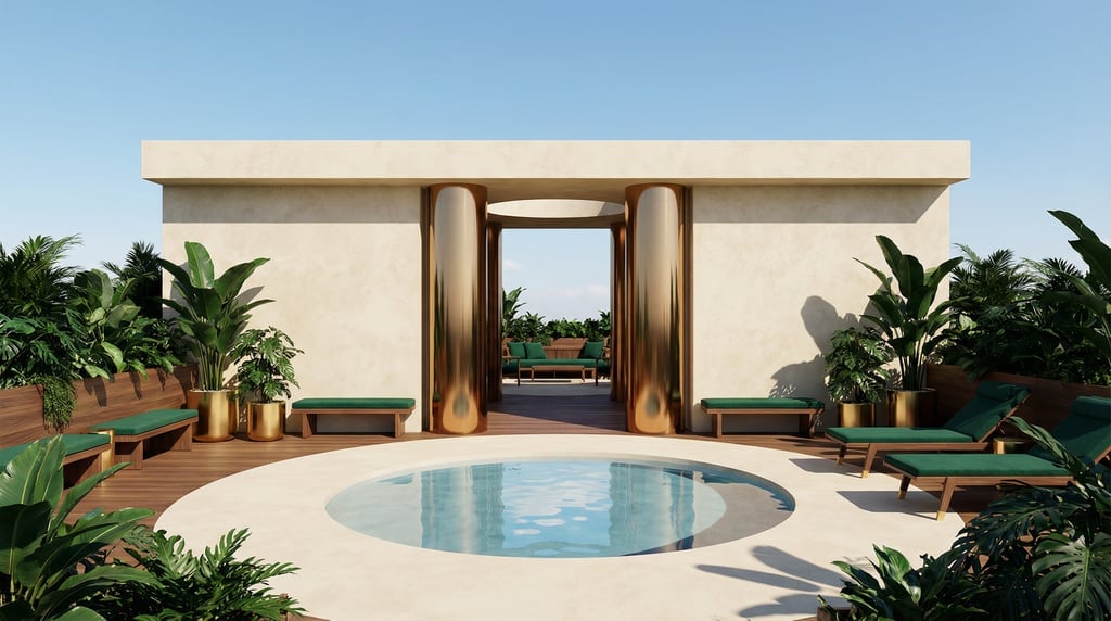 3D render of a rooftop garden pavilion with lime-washed plaster walls and an open sky above