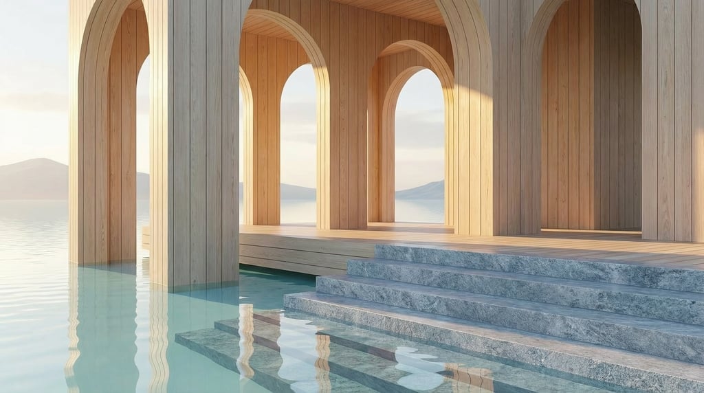 3D render of a modernist pavilion of pale cedar wood built over a calm pale aquamarine lagoon