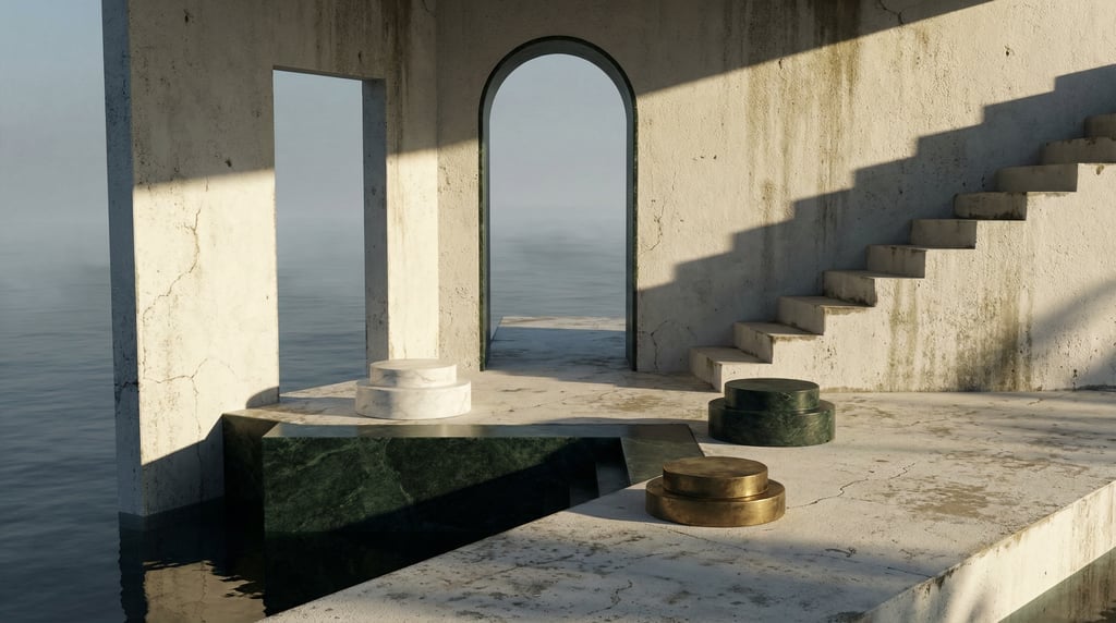 3D render of a weathered smooth off-white concrete pier extending into a misty grey-blue sea