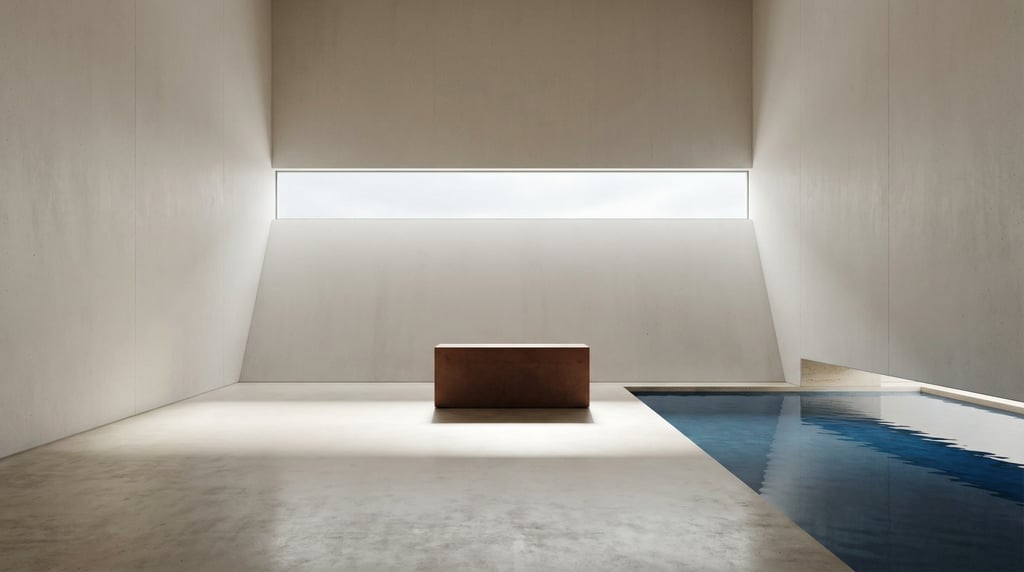 3D render of a minimalist chapel interior with smooth off-white concrete walls converging toward A h