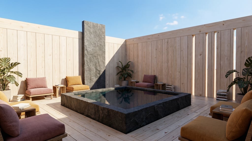 3D render of a rooftop reading room with pale Douglas fir timber walls and an open sky above