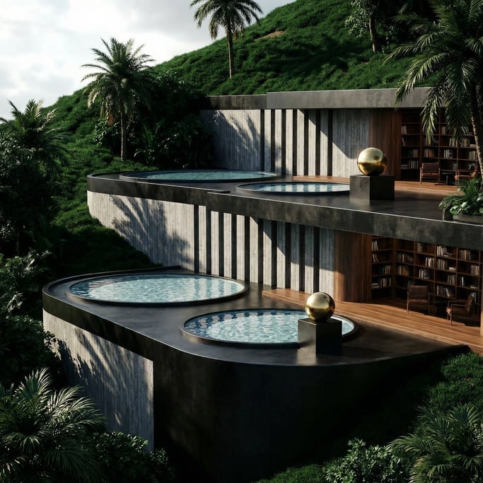 3D render of a hillside library with blackened steel and concrete retaining walls creating multiple