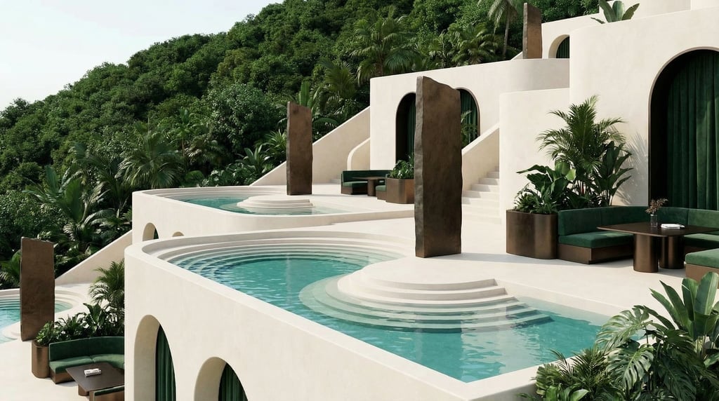 3D render of a hillside reading room with polished plaster retaining walls creating multiple levels