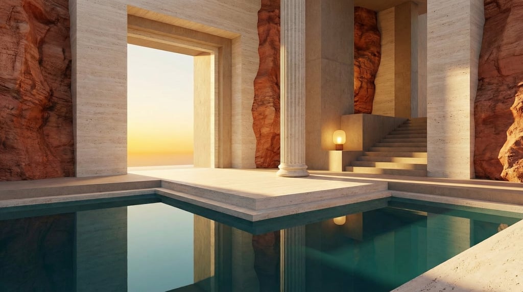 3D render of a desert sanctuary with pale travertine walls and A massive rectangular portal opening