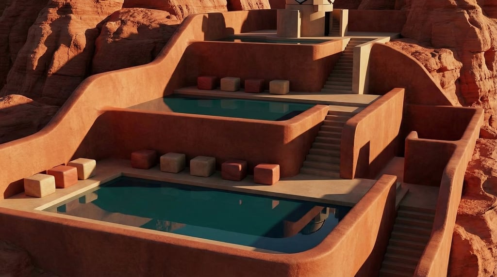 3D render of a hillside observatory with smooth rendered clay retaining walls creating multiple leve