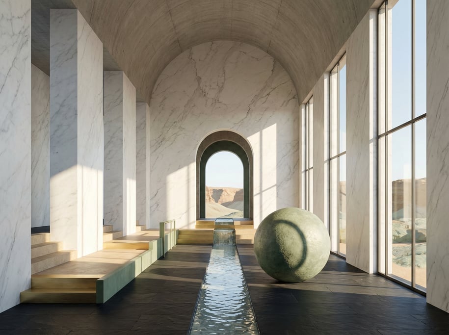 3D render of a monumental atrium with white Carrara marble walls rising to a soaring vaulted ceiling