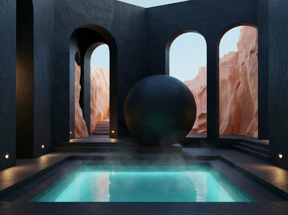 3D render of a thermal spring grotto with dark slate walls and a natural A deep square plunge pool i