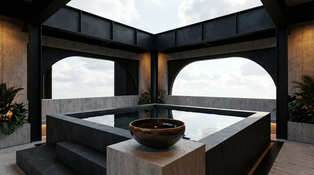 3D render of a rooftop observatory with blackened steel and concrete walls and an open sky above