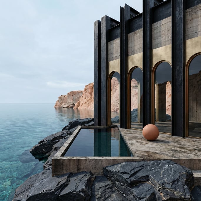 3D render of a brutalist coastal structure of blackened steel and concrete and brushed brass perched