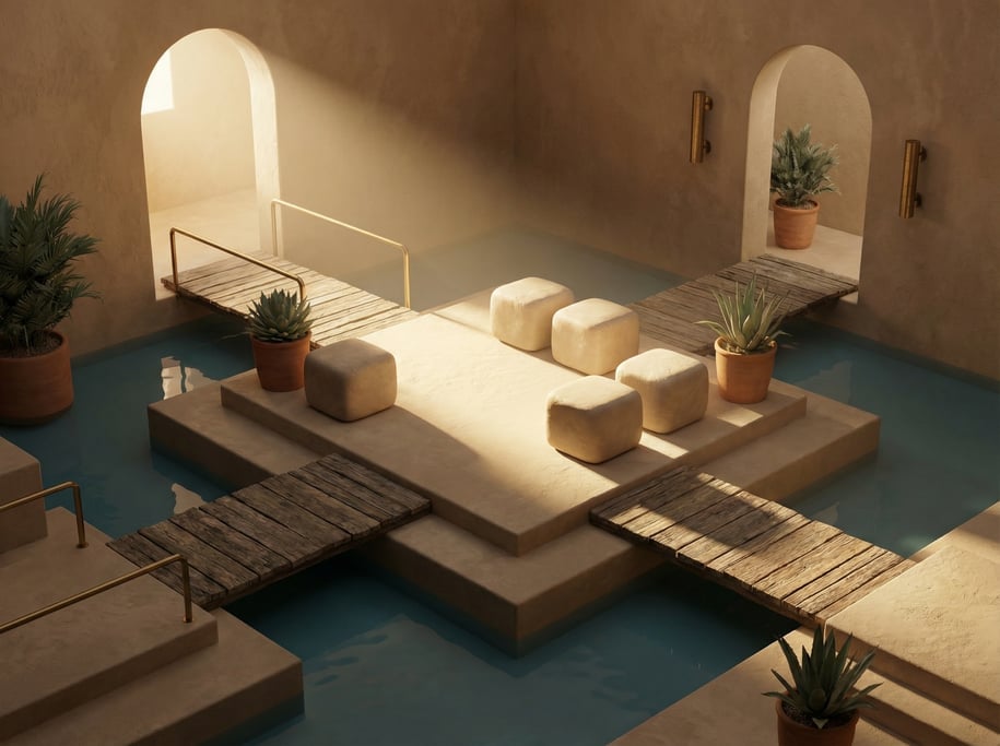 3D render of a series of interconnected lime-washed plaster platforms stepping across a still warm m