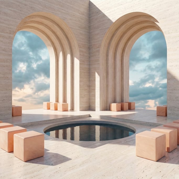 3D render of a desert sanctuary with pale travertine walls and Wide barrel-vaulted openings opening