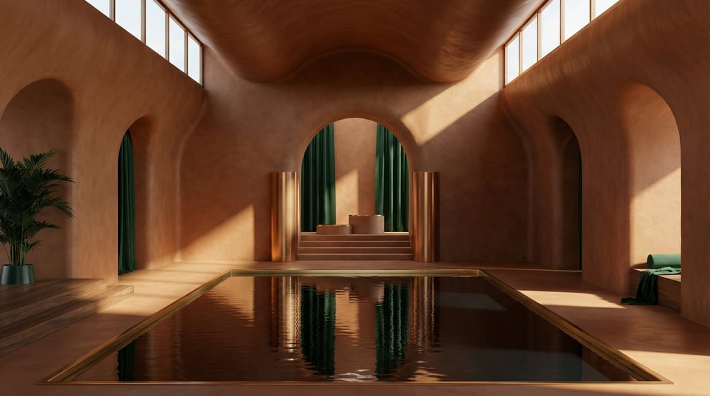 3D render of a cave-like gallery space with warm sienna clay walls smoothed to a polish