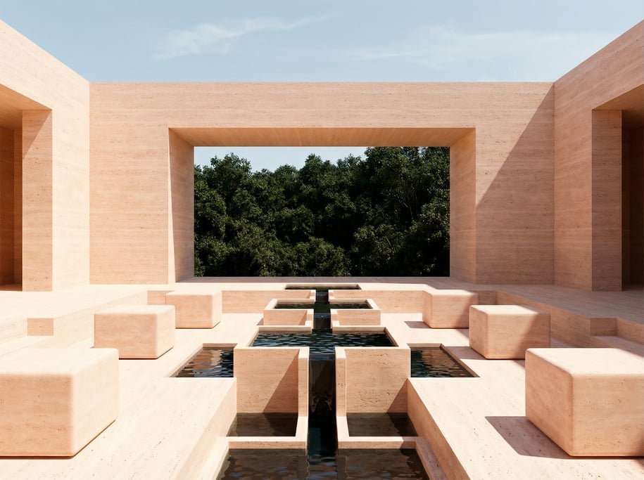 3D render of a sunken courtyard carved from pale travertine