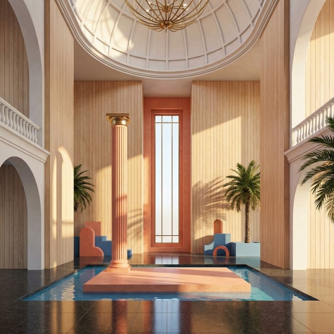 3D render of a monumental atrium with pale cedar wood walls rising to a domed ceiling with a central