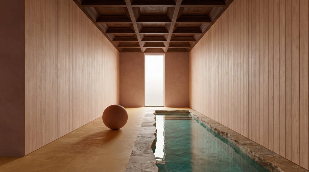 3D render of a Mediterranean warehouse conversion with pale cedar wood walls and a geometric coffere