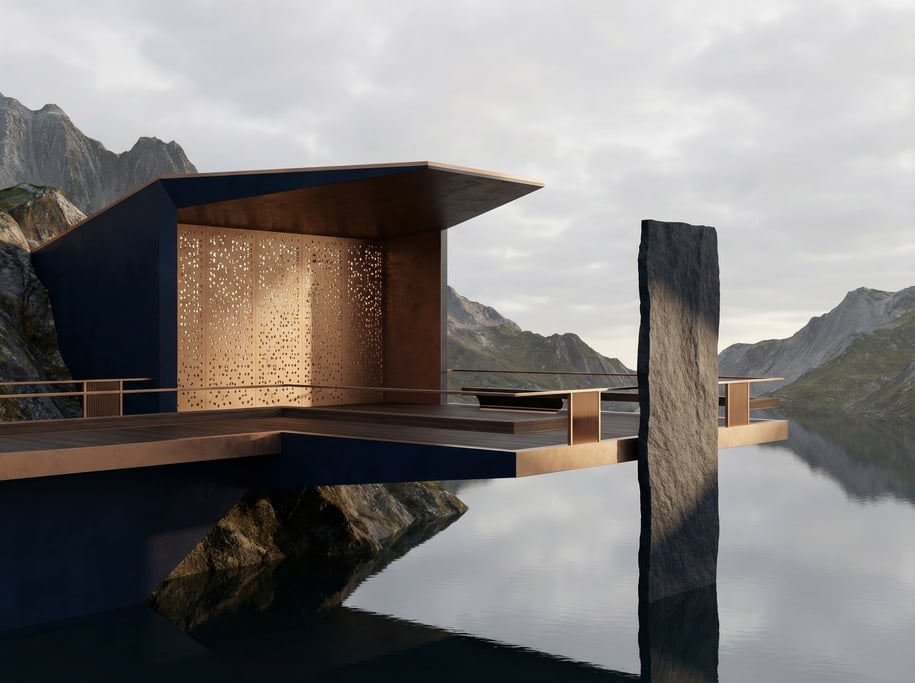 3D render of a cantilevered observation deck in polished plaster extending over a still alpine lake