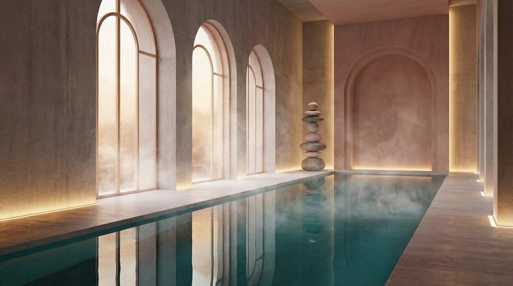 3D render of a neo-classical bathhouse with brushed concrete walls and Double-height arched windows