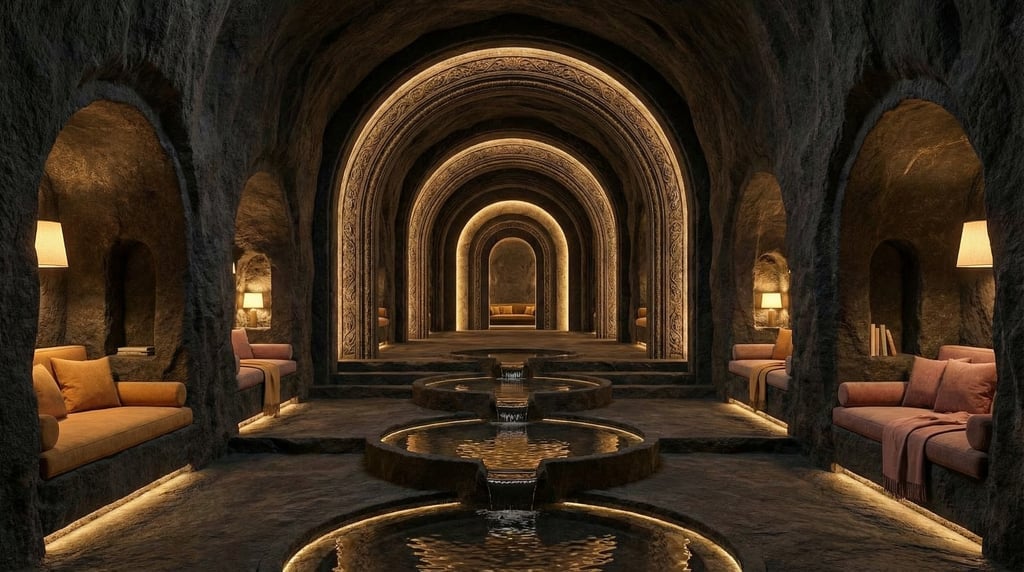 3D render of a subterranean observatory carved from dark volcanic basalt