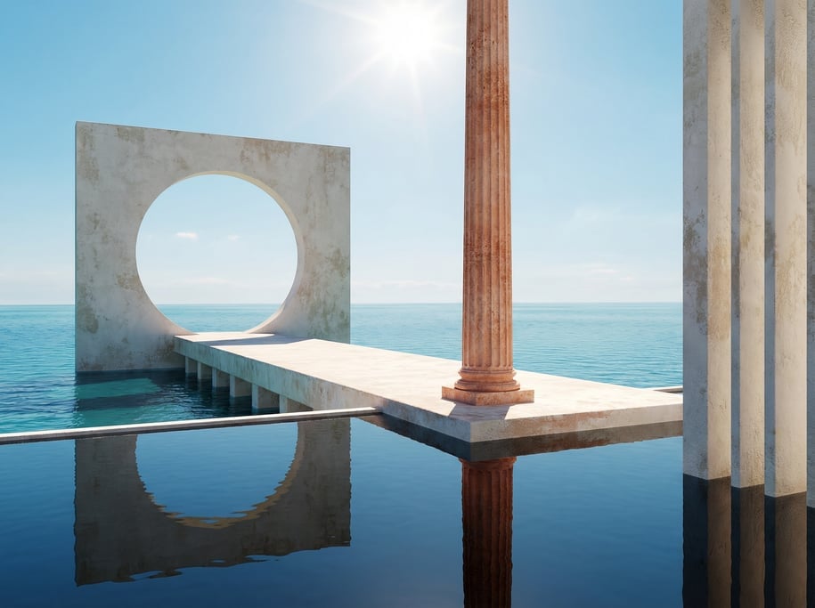 3D render of a weathered lime-washed plaster pier extending into a calm turquoise ocean