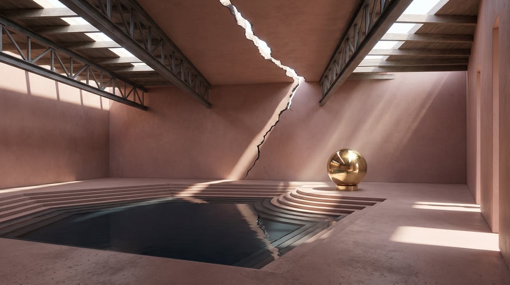 3D render of a meditation hall with smooth rendered clay walls and a exposed steel trusses and skyli