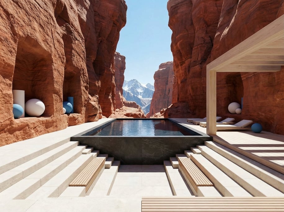3D render of a Scandinavian spa carved into a rust-red canyon rock canyon