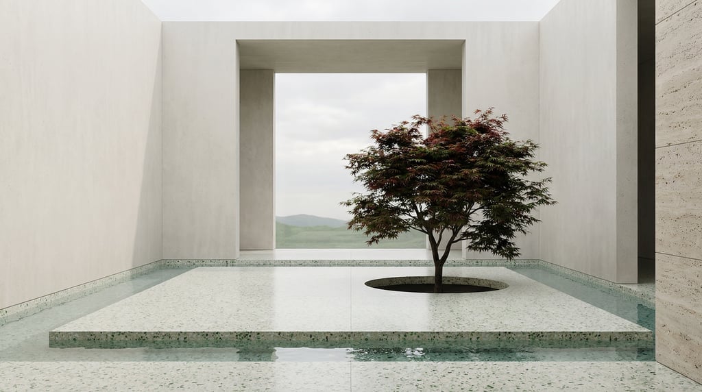 3D render of a contemplative garden enclosed by smooth off-white concrete walls with A massive recta