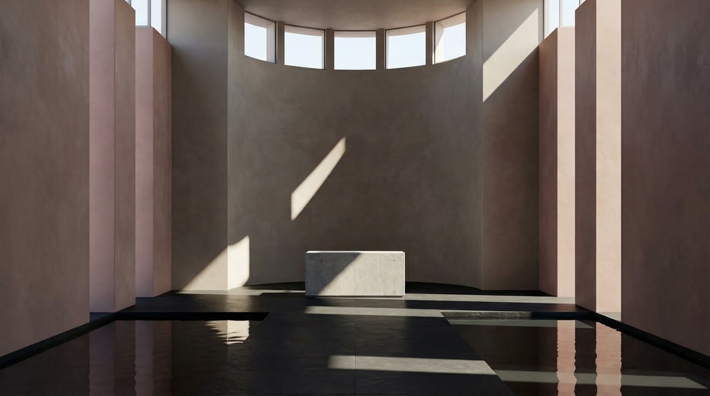 3D render of a minimalist chapel interior with smooth rendered clay walls converging toward A series