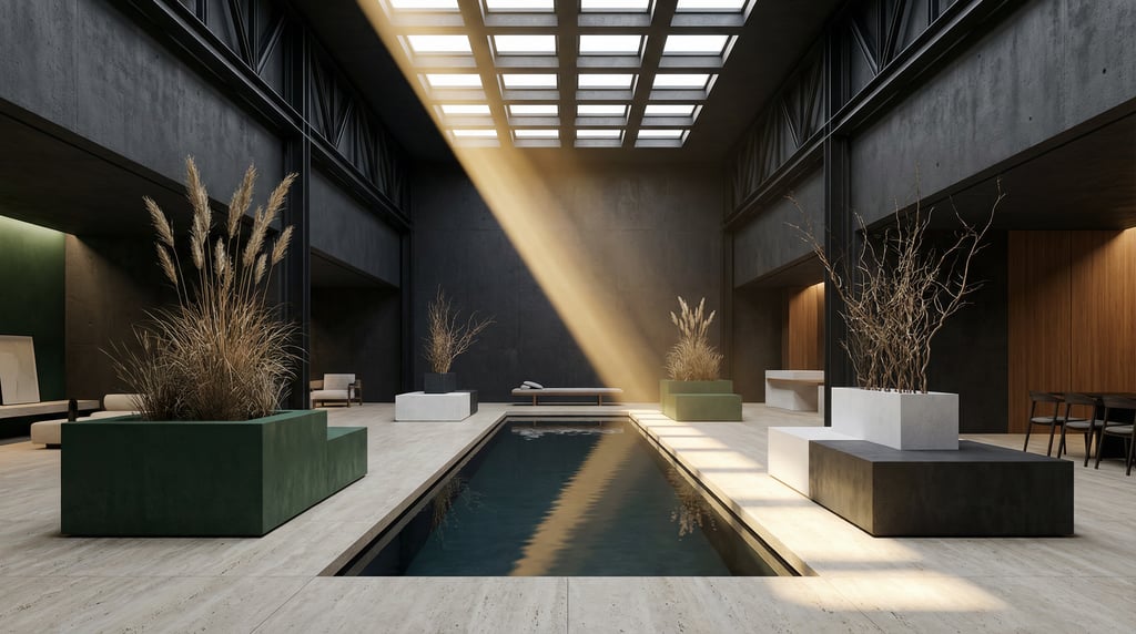 3D render of a Japanese-inspired warehouse conversion with dark pigmented concrete walls and exposed