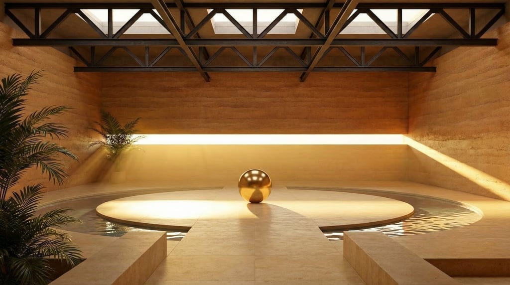 3D render of a meditation hall with rammed earth in warm ochre walls and a exposed steel trusses and