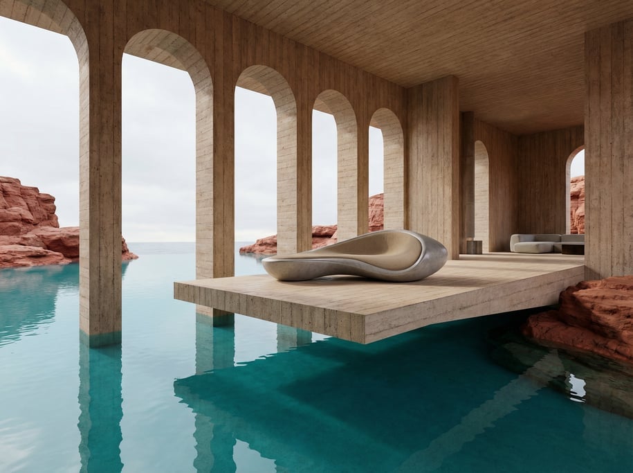 3D render of a modernist pavilion of raw board-formed concrete built over a calm crystalline blue la