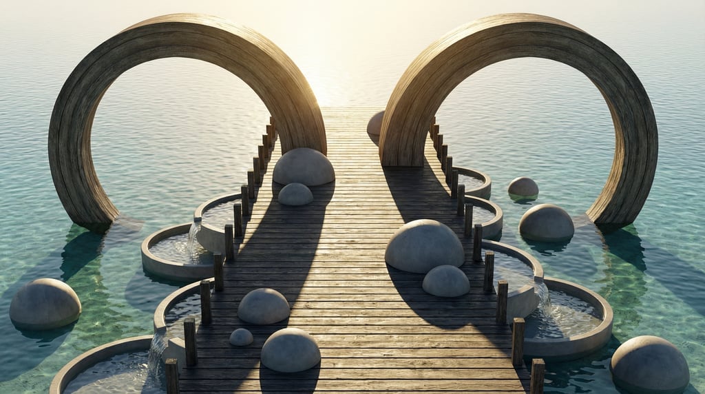3D render of a weathered dark stained oak pier extending into a crystal-clear Mediterranean waters