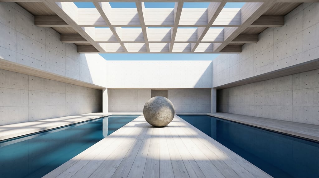 3D render of a meditation hall with raw concrete with formwork marks walls and a an open sky framed