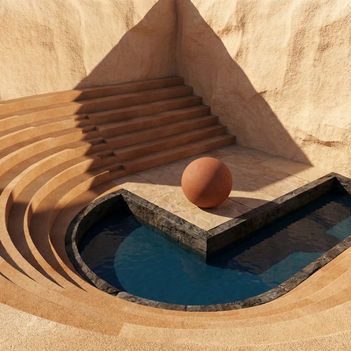 3D render of an open-air amphitheater carved into sun-bleached coral stone