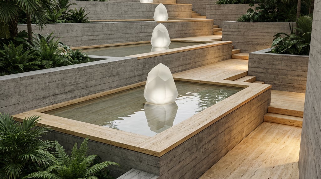 3D render of a hillside gallery with raw board-formed concrete retaining walls creating multiple lev