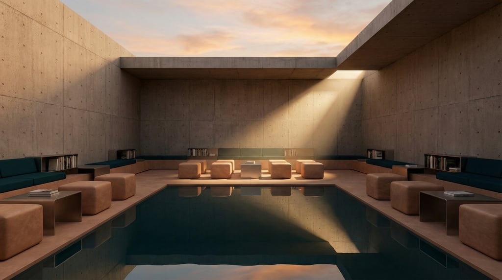 3D render of a rooftop reading room with raw concrete with formwork marks walls and an open sky abov