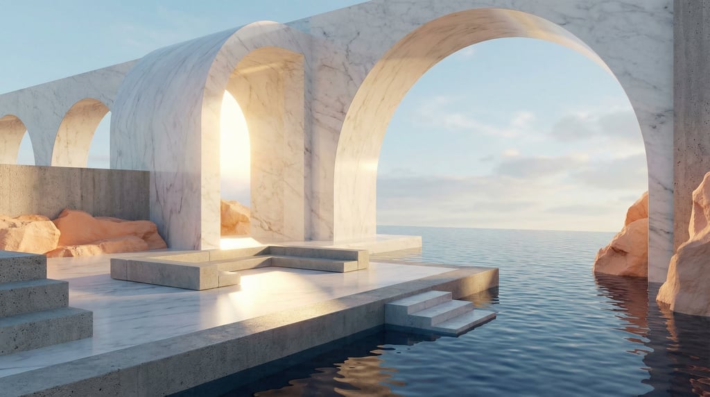 3D render of a modernist pavilion of white Carrara marble built over a calm warm mineral blue lagoon