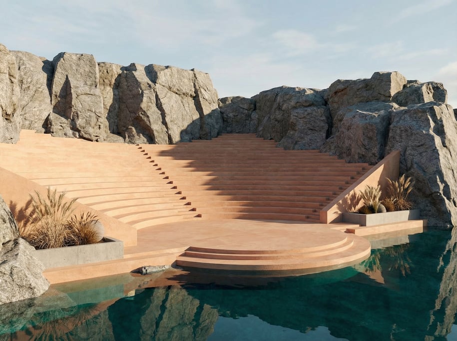 3D render of an open-air amphitheater carved into weathered grey granite