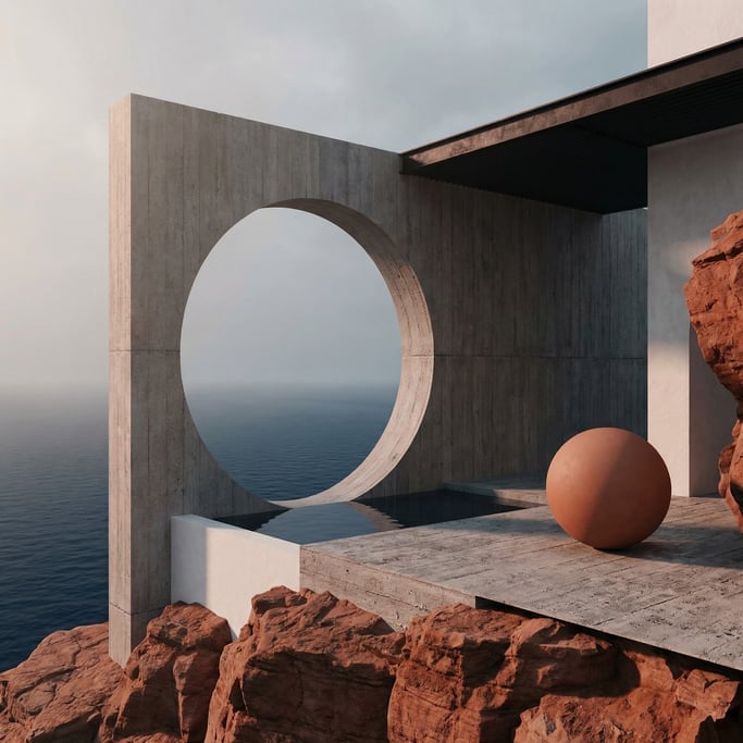 3D render of a minimalist coastal structure of raw board-formed concrete and blackened iron perched