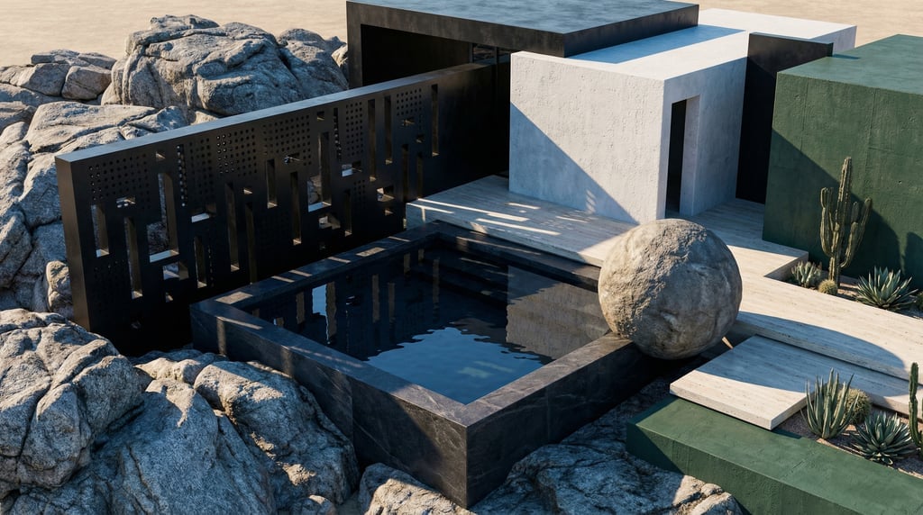 3D render of an arid landscape with geometric blackened steel and concrete structures emerging from