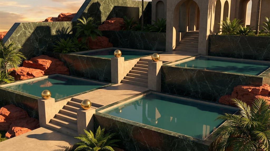 3D render of a hillside sanctuary with dark verde marble retaining walls creating multiple levels