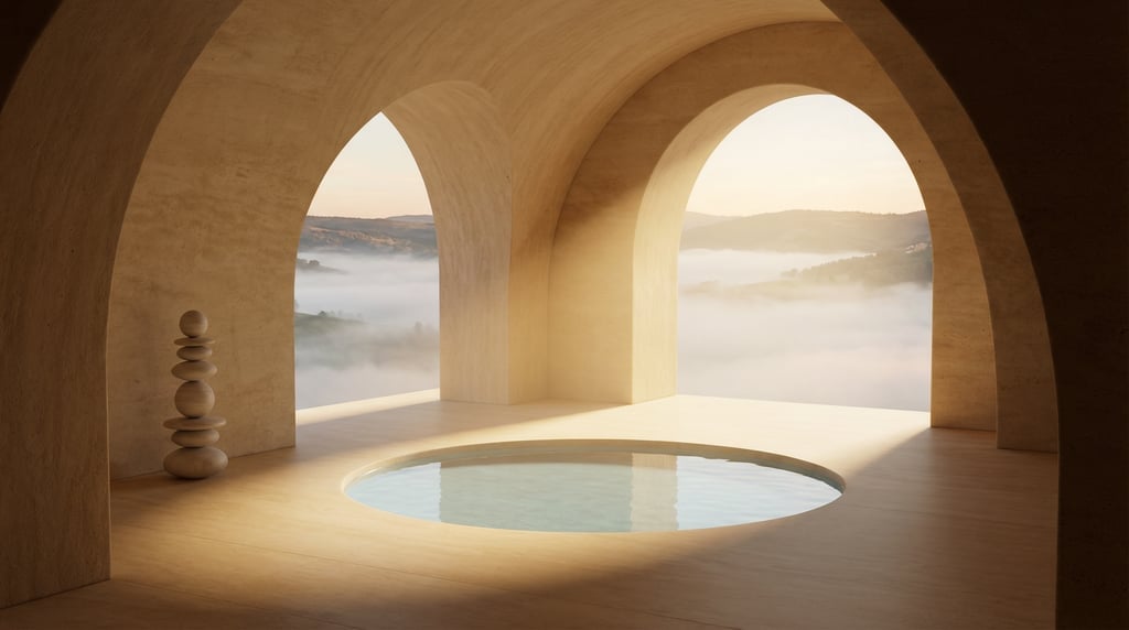 3D render of a sunken courtyard carved from pale limestone